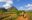 Two people on horseback riding along red dirt path with birds of prey flying overhead and in the distance, verdant mountains